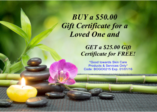 BUY a $50.00Gift Certificate for a Loved One and GET a $25.00 Gift Certificate for FREE! *Good towards Skin Care  Products & Services Only* Code: BOGO0215 Exp. 01/01/16